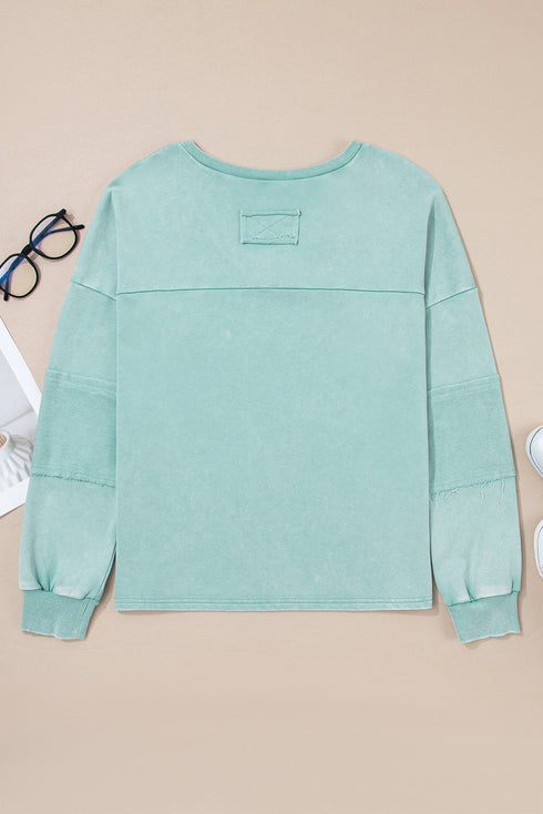 Mineral Wash Snap Trim V Neck Exposed Seam Drop Shoulder Curved Hem Long Sleeve Top